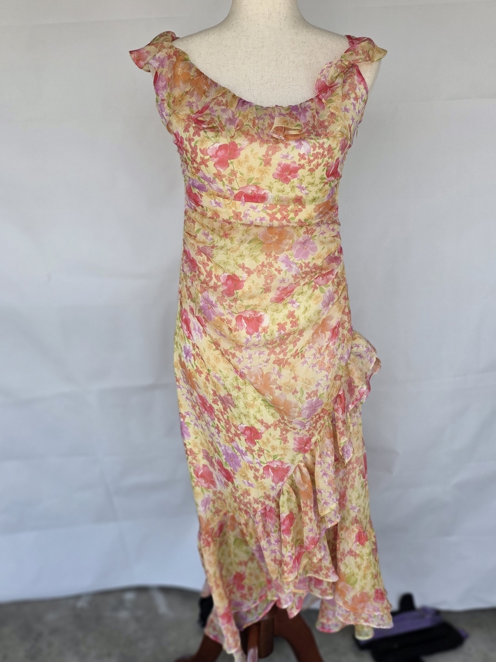 ASTR the Label Luvita Floral Ruffle Chiffon Midi‎ Dress Yellow Pink Medium